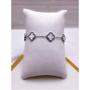 PULSEIRA AÇO INOX  TREVO CRAVEJADO PEROLADO - PRATEADA