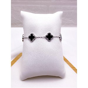 PULSEIRA AÇO INOX  TREVO CRAVEJADO PRETO - PRATEADA
