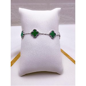 PULSEIRA AÇO INOX  TREVO CRAVEJADO VERDE - PRATEADA