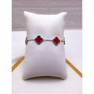 PULSEIRA AÇO INOX  TREVO CRAVEJADO VERMELHO - PRATEADA