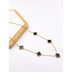 COLAR AÇO INOXIDÁVEL  45CM TREVO CRAVEJADO PRETO - DOURADO
