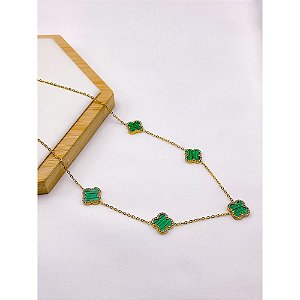 COLAR AÇO INOXIDÁVEL  45CM TREVO CRAVEJADO VERDE - DOURADO