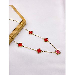 COLAR AÇO INOXIDÁVEL  45CM TREVO CRAVEJADO VERMELHO - DOURADO
