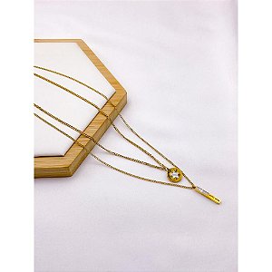 COLAR AÇO INOXIDÁVEL DUPLO 50CM PÊNDULO PEROLADO - DOURADO