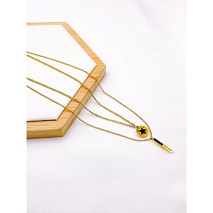 COLAR AÇO INOXIDÁVEL DUPLO 50CM PÊNDULO PRETO - DOURADO