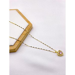 COLAR AÇO INOXIDÁVEL 45M PINGENTE CORAÇÃO PEDRA ROSA CRAVEJADO BANHADO - DOURADO