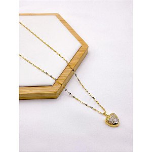 COLAR AÇO INOXIDÁVEL 45M PINGENTE CORAÇÃO CRAVEJADO BANHADO - DOURADO