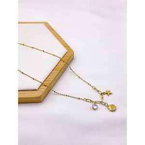 COLAR AÇO INOXIDÁVEL 45M PINGENTE CONCHA  E ESTRELA DO MAR  - DOURADO