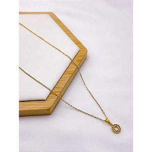COLAR AÇO INOXIDÁVEL 45M PINGENTE REDONDO VAZADO PEDRA CRISTAL  - DOURADO