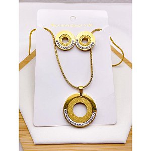 CONJUNTO COLAR  E BRINCO AÇO INOXIDÁVEL  PINGENTE REDONDO PEDRA CRISTAL - DOURADO