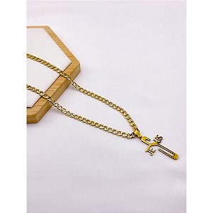 CORRENTE DE AÇO INOXIDAVEL 60CM ELO GRUMET 1.4MM PINGENTE CRUCIFIXO JESUS - DOURADA