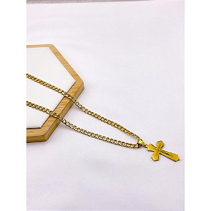 CORRENTE DE AÇO INOXIDAVEL 60CM ELO GRUMET 1.4MM PINGENTE CRUZ - DOURADA
