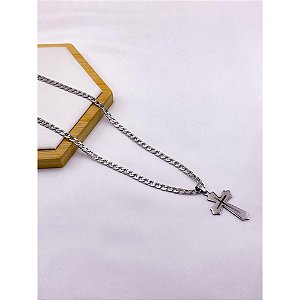 CORRENTE DE AÇO INOXIDAVEL 60CM ELO GRUMET 1.4MM PINGENTE CRUZ - PRATEADA