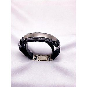 PULSEIRA MASCULINA COURO AÇO INOX E ZAMAC 20CM PLACA PARA GRAVAÇÃO - PRATEADA