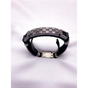PULSEIRA MASCULINA COURO AÇO INOX E ZAMAC 20CM GEOMETRICA - PRATEADA