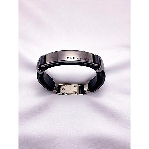PULSEIRA MASCULINA COURO AÇO INOX E ZAMAC 20CM MELHOR PAI - PRATEADA