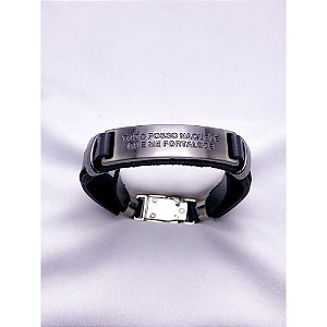PULSEIRA MASCULINA COURO AÇO INOX E ZAMAC 20CM TUDO POSSO NAQUELE QUE ME FORTALECE - PRATEADA