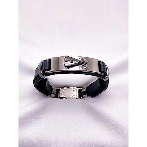 PULSEIRA MASCULINA COURO AÇO INOX E ZAMAC 20CM NOSSA SENHORA - PRATEADA