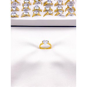 ANEL AÇO INOXIDÁVEL ESTILO SOLITÁRIO PEDRA CORAÇÃO CRISTAL - DOURADO (UNIDADE)