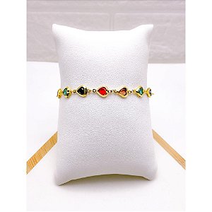 PULSEIRA AÇO INOXIDÁVEL CORAÇÕES COLORIDOS - DOURADA