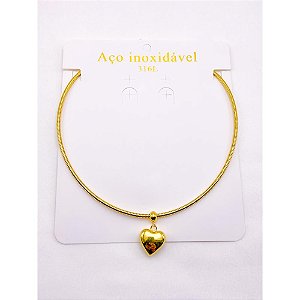 COLAR AÇO INOXIDÁVEL ARO SEMI RÍGIDO PINGENTE CORAÇÃO - DOURADO