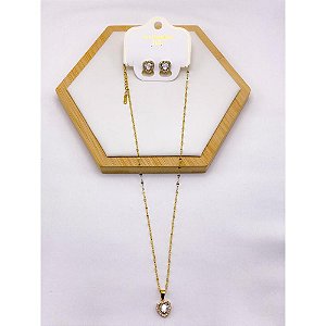 CONJUNTO COLAR  E BRINCO AÇO INOXIDÁVEL  PINGENTE CORAÇÃO CRAVEJADO PEDRA CRISTAL - DOURADO
