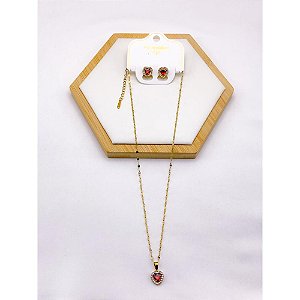 CONJUNTO COLAR  E BRINCO AÇO INOXIDÁVEL  PINGENTE CORAÇÃO CRAVEJADO PEDRA VERMELHO - DOURADO