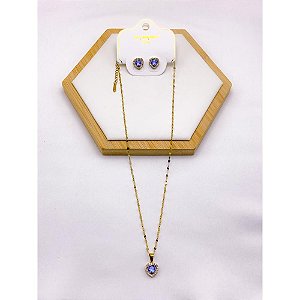 CONJUNTO COLAR  E BRINCO AÇO INOXIDÁVEL  PINGENTE CORAÇÃO CRAVEJADO PEDRA AZUL - DOURADO