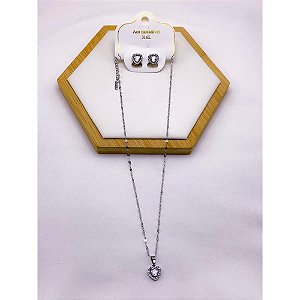 CONJUNTO COLAR  E BRINCO AÇO INOXIDÁVEL  PINGENTE CORAÇÃO CRAVEJADO PEDRA CRISTAL - PRATEADO