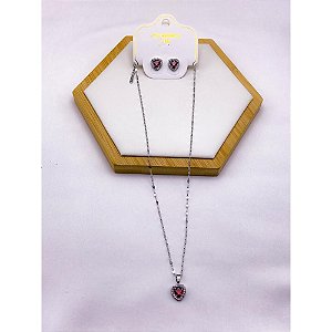 CONJUNTO COLAR  E BRINCO AÇO INOXIDÁVEL  PINGENTE CORAÇÃO CRAVEJADO PEDRA VERMELHO - PRATEADO