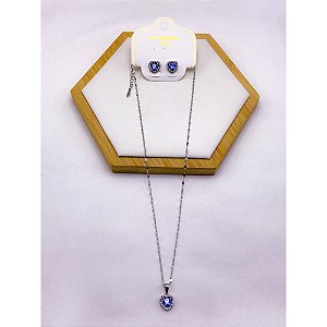 CONJUNTO COLAR  E BRINCO AÇO INOXIDÁVEL  PINGENTE CORAÇÃO CRAVEJADO PEDRA AZUL - PRATEADO