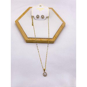 CONJUNTO COLAR  E BRINCO AÇO INOXIDÁVEL  PINGENTE OVAL CRAVEJADO PEDRA CRISTAL - DOURADO