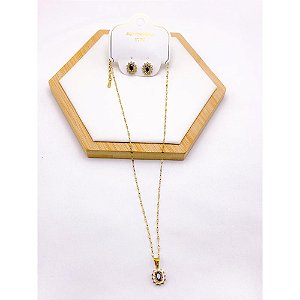 CONJUNTO COLAR  E BRINCO AÇO INOXIDÁVEL  PINGENTE OVAL CRAVEJADO PEDRA PRETA - DOURADO