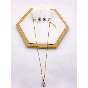 CONJUNTO COLAR  E BRINCO AÇO INOXIDÁVEL  PINGENTE OVAL CRAVEJADO PEDRA VERMELHO - DOURADO