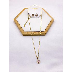 CONJUNTO COLAR  E BRINCO AÇO INOXIDÁVEL  PINGENTE OVAL CRAVEJADO PEDRA ROSA - DOURADO