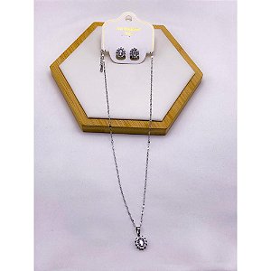CONJUNTO COLAR  E BRINCO AÇO INOXIDÁVEL  PINGENTE OVAL CRAVEJADO PEDRA CRISTAL - PRATEADO
