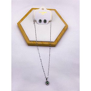 CONJUNTO COLAR  E BRINCO AÇO INOXIDÁVEL  PINGENTE OVAL CRAVEJADO PEDRA VERDE - PRATEADO