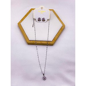 CONJUNTO COLAR  E BRINCO AÇO INOXIDÁVEL  PINGENTE OVAL CRAVEJADO PEDRA ROSA - PRATEADO
