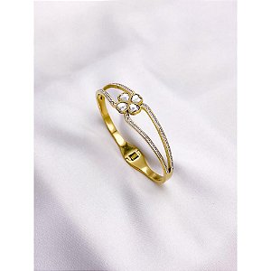 BRACELETE AÇO INOXIDÁVEL CRAVEJADO  TREVO CRISTAL- DOURADO
