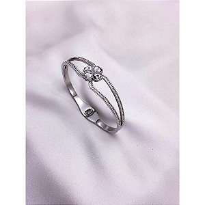BRACELETE AÇO INOXIDÁVEL CRAVEJADO  TREVO CRISTAL- PRATEADO