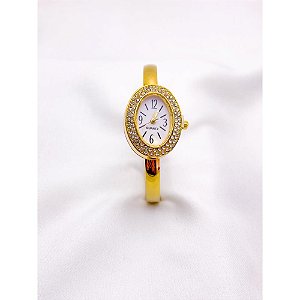 BRACELETE RELÓGIO AÇO INOXIDÁVEL  CRAVEJADO FUNDO BRANCO - DOURADO