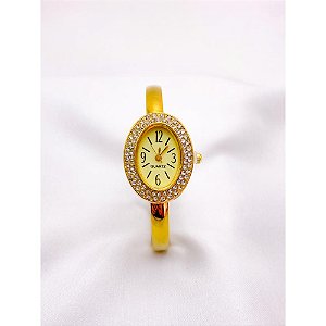 BRACELETE RELÓGIO AÇO INOXIDÁVEL  CRAVEJADO FUNDO DOURADO - DOURADO