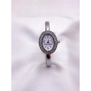 BRACELETE RELÓGIO AÇO INOXIDÁVEL  CRAVEJADO FUNDO BRANCO - PRATEADO