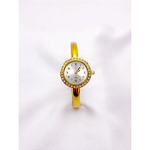 BRACELETE RELÓGIO AÇO INOXIDÁVEL  CRAVEJADO FUNDO BRANCO - DOURADO