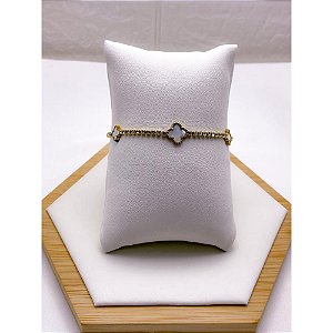 PULSEIRA AÇO INOX  TREVO PEROLADO RIVIERA CRISTAL - DOURADA