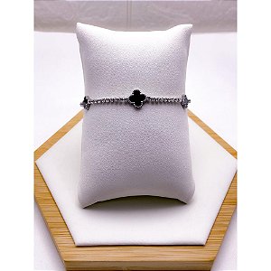 PULSEIRA AÇO INOX  TREVO PRETO RIVIERA CRISTAL - PRATEADA