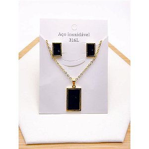 CONJUNTO COLAR  E BRINCO AÇO INOXIDÁVEL  GEOMETRICO PRETO - DOURADO