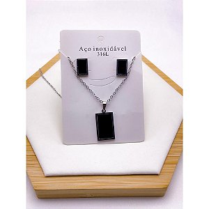 CONJUNTO COLAR  E BRINCO AÇO INOXIDÁVEL  GEOMETRICO PRETO - PRATEADO