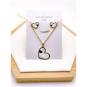 CONJUNTO COLAR  E BRINCO AÇO INOXIDÁVEL  CORAÇÃO PEROLADO - DOURADO