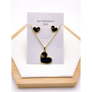 CONJUNTO COLAR  E BRINCO AÇO INOXIDÁVEL  CORAÇÃO PRETO - DOURADO